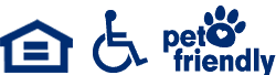 Black icons to represent equal housing opportunities including a black house with an equal sign on it, a black handicap wheelchair icon, and a black pet-friendly icon with a paw print