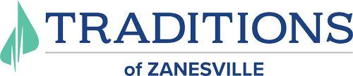 Horizontal Traditions of Zanesville logo in blue with a green leaf on the left side